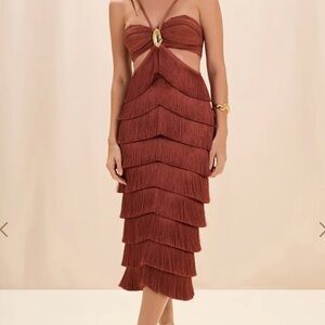 PatBO Amber Fringe MIDI Layered Dress in Rust